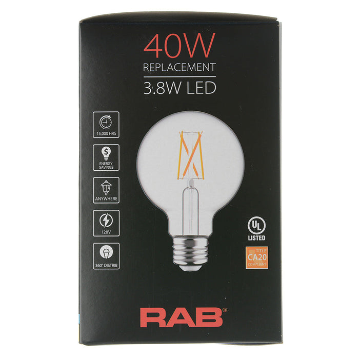 RAB Filament G25 3.8W 40W Equivalent 350Lm E26 Base 90 CRI 2200K-3000K Dimmable Clear (G25-3-E26-922/30-F-C-WGD)