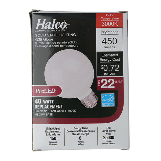 Halco G25FR6/830/LED 6W LED G25 3000K 120V 82 CRI Medium E26 Base Dimmable Bulb (80180)