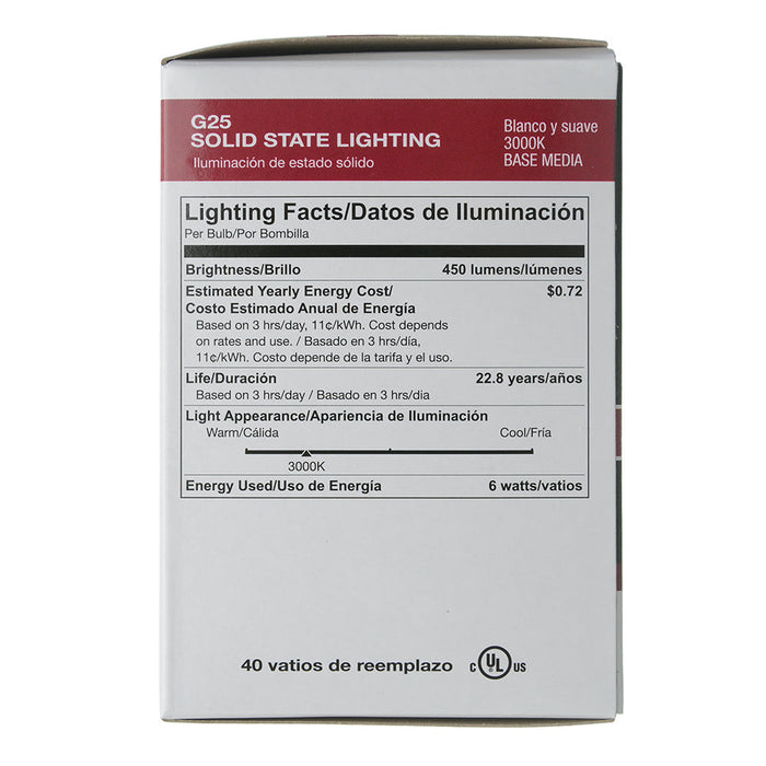Halco G25FR6/830/LED 6W LED G25 3000K 120V 82 CRI Medium E26 Base Dimmable Bulb (80180)