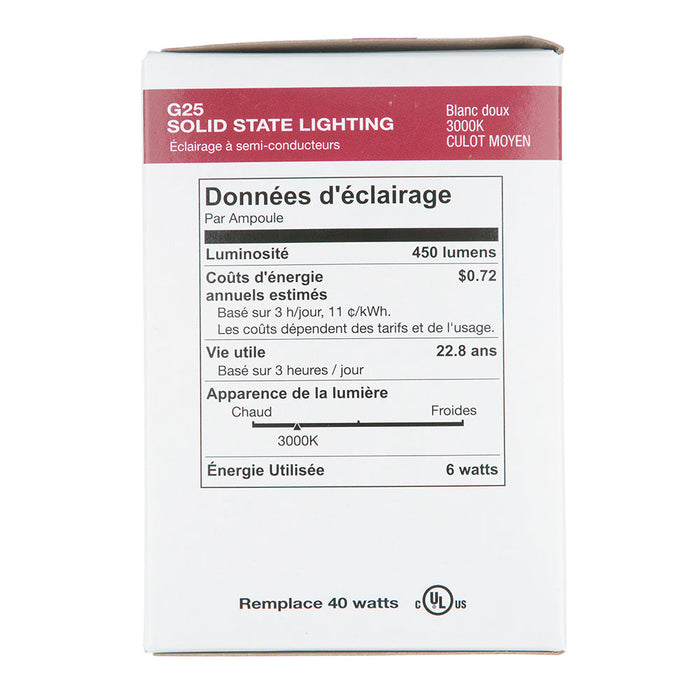 Halco G25FR6/830/LED 6W LED G25 3000K 120V 82 CRI Medium E26 Base Dimmable Bulb (80180)