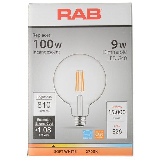 RAB LED Filament Lamp G40 9W 100W Equivalent E26 Base 810Lm 90 CRI 2700K Dimmable Clear (G40-9-E26-927-F-C)