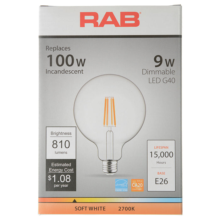 RAB LED Filament Lamp G40 9W 100W Equivalent E26 Base 810Lm 90 CRI 2700K Dimmable Clear (G40-9-E26-927-F-C)