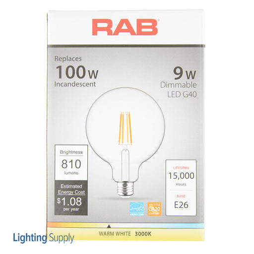 RAB LED Filament Lamp G40 9W 100W Equivalent E26 Base 810Lm 90 CRI 3000K Dimmable Clear (G40-9-E26-930-F-C)