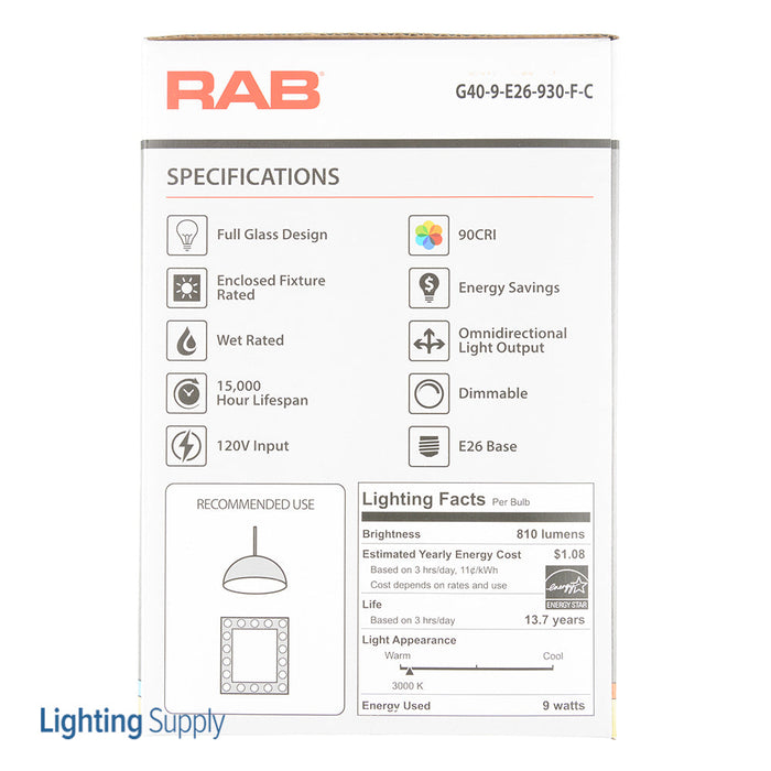 RAB LED Filament Lamp G40 9W 100W Equivalent E26 Base 810Lm 90 CRI 3000K Dimmable Clear (G40-9-E26-930-F-C)