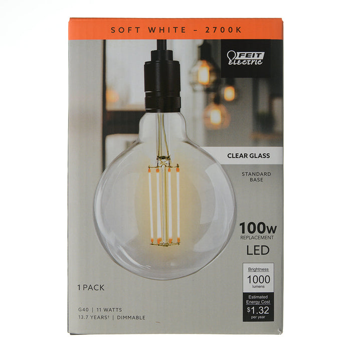 Feit Electric 11W [100W Equivalent] G40 E26 Base Dimmable Straight Filament Clear Glass Vintage Edison LED Light Bulb Soft White 2-Pack (G40100/927CA/FIL/2)