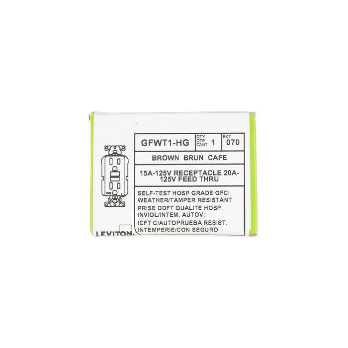 Leviton SmartlockPro GFCI Duplex Receptacle Outlet Extra Heavy-Duty Hospital Grade With Wall Plate Weather/Tamper-Resistant 15A 20A Feed-Through 125V Brown (GFWT1-HG)