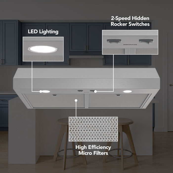 Broan-NuTone Glacier 1 Max 350 CFM 36 Inch Under Cabinet Range Hood Stainless Steel (GLA1363SS)