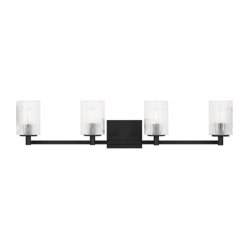 Generation Lighting Lando 4-Light Bath Vanity Wall Sconce In Midnight Black Finish With Clear Fluted Glass Shades(GLV1044MBK)