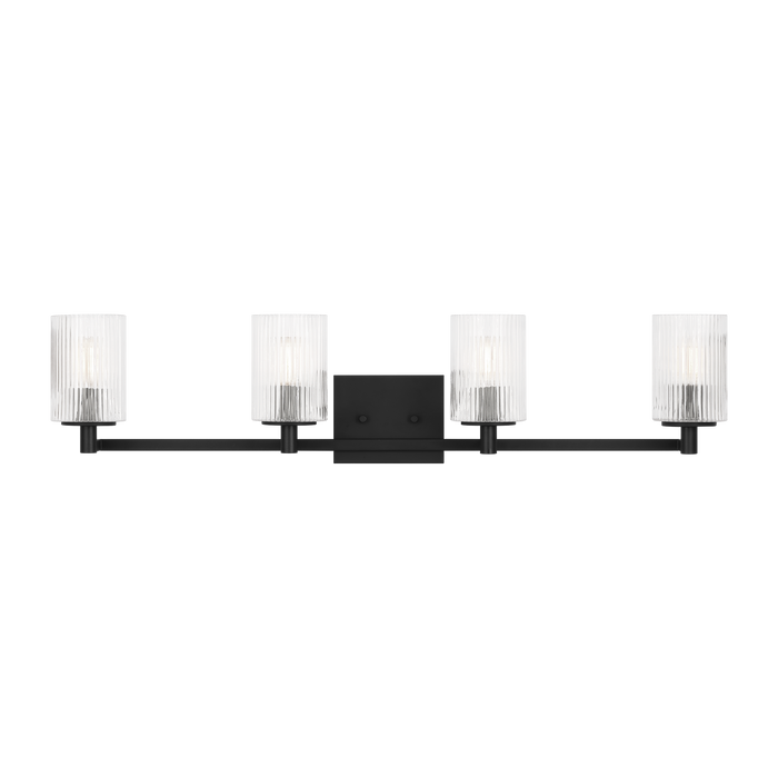 Generation Lighting Lando 4-Light Bath Vanity Wall Sconce In Midnight Black Finish With Clear Fluted Glass Shades(GLV1044MBK)