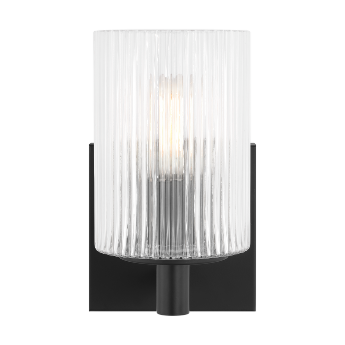 Generation Lighting Lando 1-Light Bath Vanity Wall Sconce In Midnight Black Finish With Clear Fluted Glass Shade(GLV1041MBK)