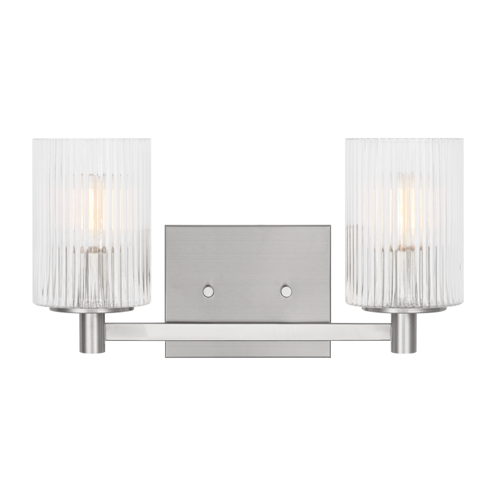 Generation Lighting Lando 2-Light Bath Vanity Wall Sconce In Brushed Steel Finish With Clear Fluted Glass Shades(GLV1042BS)