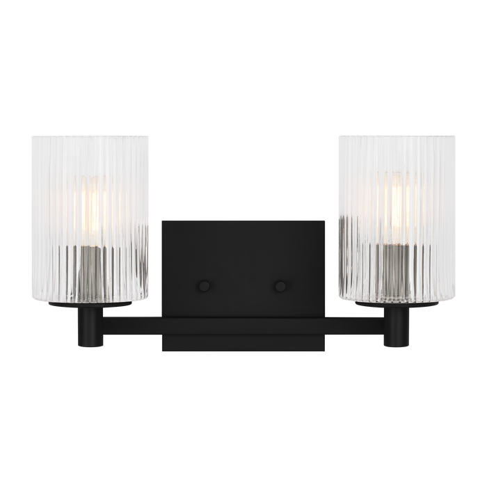 Generation Lighting Lando 2-Light Bath Vanity Wall Sconce In Midnight Black Finish With Clear Fluted Glass Shades(GLV1042MBK)