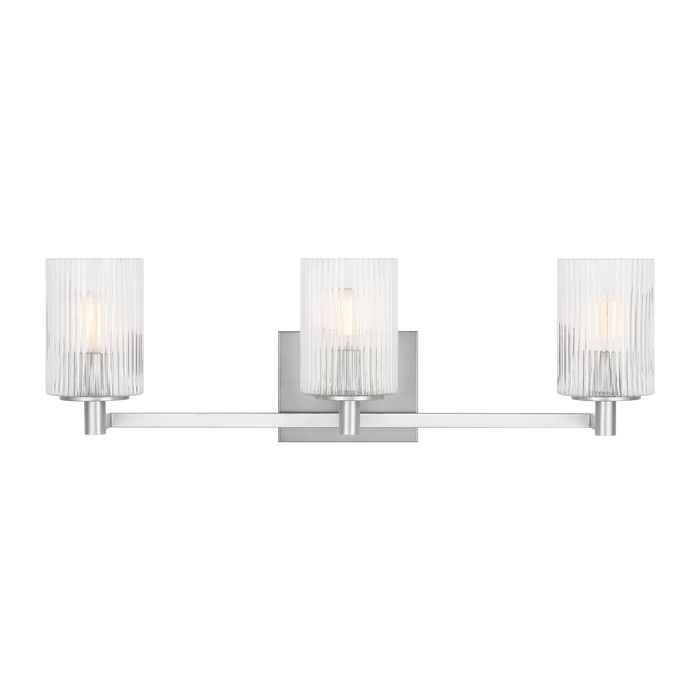 Generation Lighting Lando 3-Light Bath Vanity Wall Sconce In Brushed Steel Finish With Clear Fluted Glass Shades(GLV1043BS)