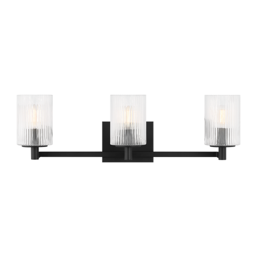 Generation Lighting Lando 3-Light Bath Vanity Wall Sconce In Midnight Black Finish With Clear Fluted Glass Shades(GLV1043MBK)