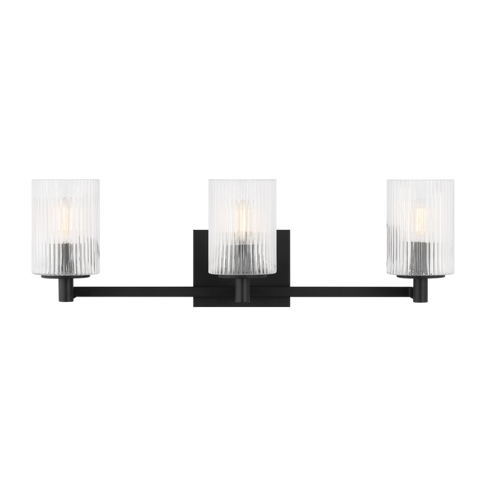 Generation Lighting Lando 3-Light Bath Vanity Wall Sconce In Midnight Black Finish With Clear Fluted Glass Shades(GLV1043MBK)