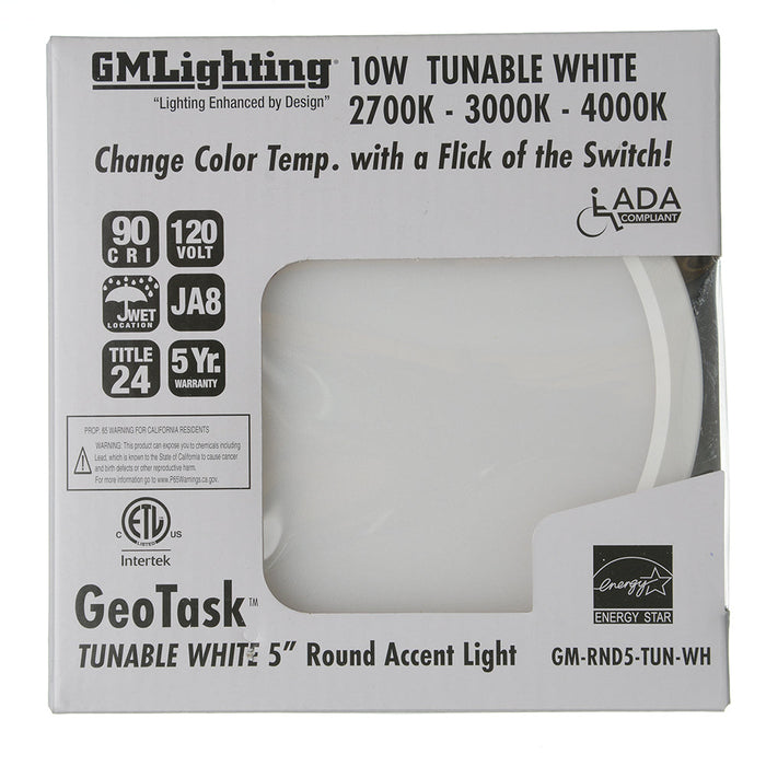 GM Lighting 120V GeoTask Wet Location Surface Mount 10W CCT Selectable 2700K/3000K/4000K 90 CRI 5 Inch Diameter White (GM-RND5-TUN-WH)