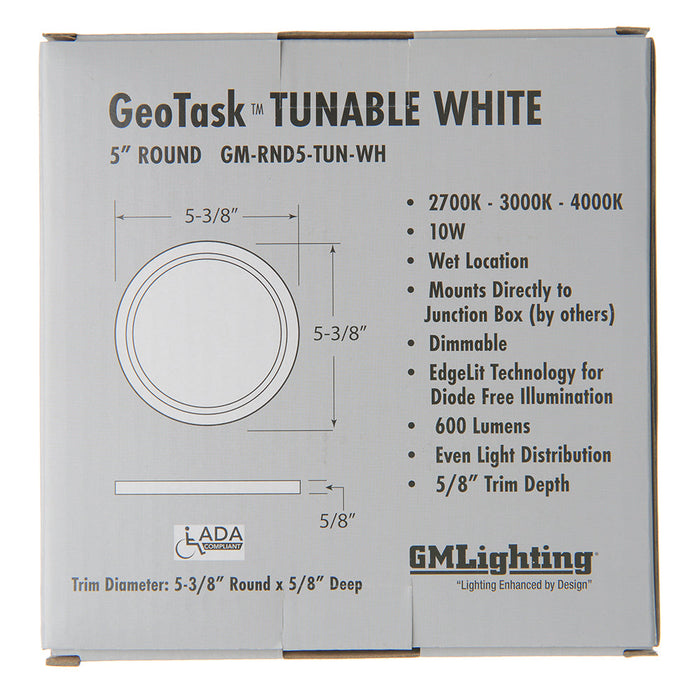 GM Lighting 120V GeoTask Wet Location Surface Mount 10W CCT Selectable 2700K/3000K/4000K 90 CRI 5 Inch Diameter White (GM-RND5-TUN-WH)