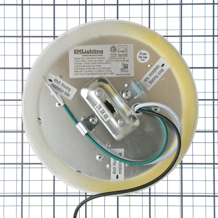 GM Lighting 120V GeoTask Wet Location Surface Mount 10W CCT Selectable 2700K/3000K/4000K 90 CRI 5 Inch Diameter White (GM-RND5-TUN-WH)