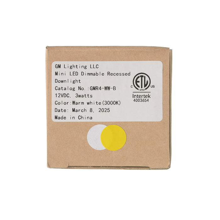 GM Lighting 12VDC Mini LED Dimmable Recessed Downlight 3W 120Lm 3000K 2 Inch Diameter Black (GMR4-WW-B)