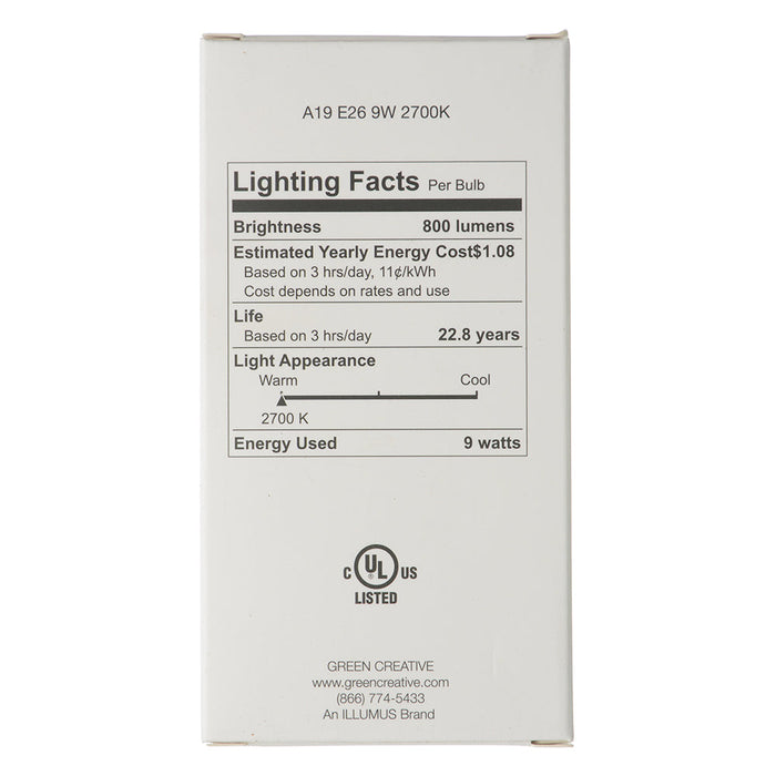 Green Creative 9A19DIM/827/R A19 Lamp E26 Base 9W Enclosed 120V Dimmable 2700K (36548)