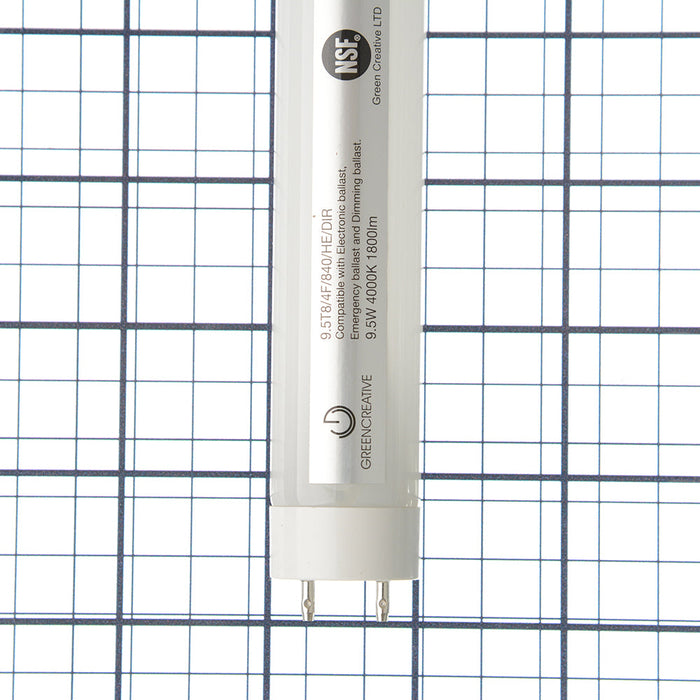 Green Creative 9.5T8/4F/840/HE/DIR LED 4 Foot T8 Tube 9.5W HE 4000K Direct Ballast Compatible (36772)