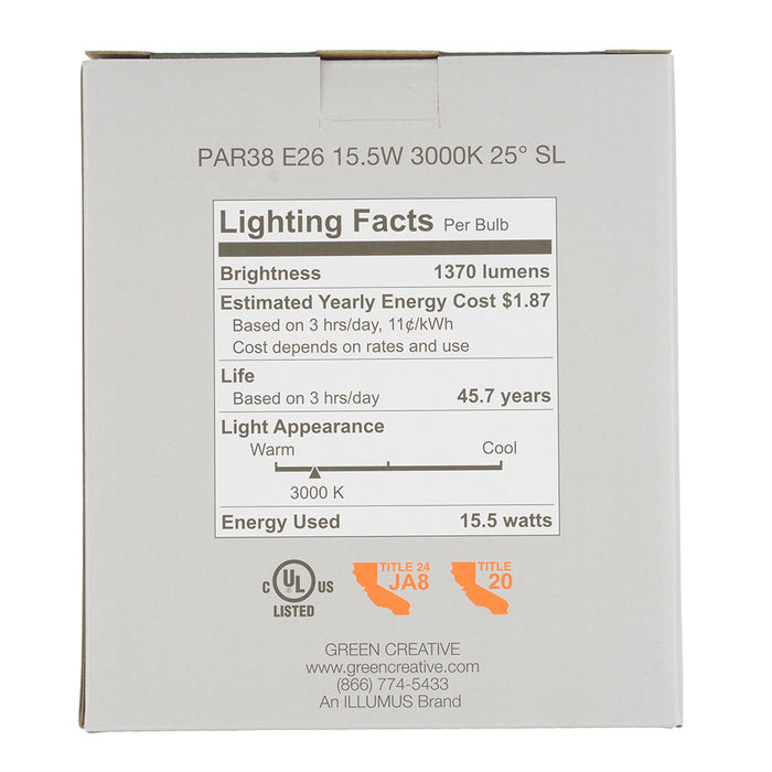 Green Creative 15.5PAR38DIM/930NF25/SL PAR38 E26 Base 15.5W Refine Series High 95 CRI 25 Degree Beam Angle 120V Dimmable (37205)