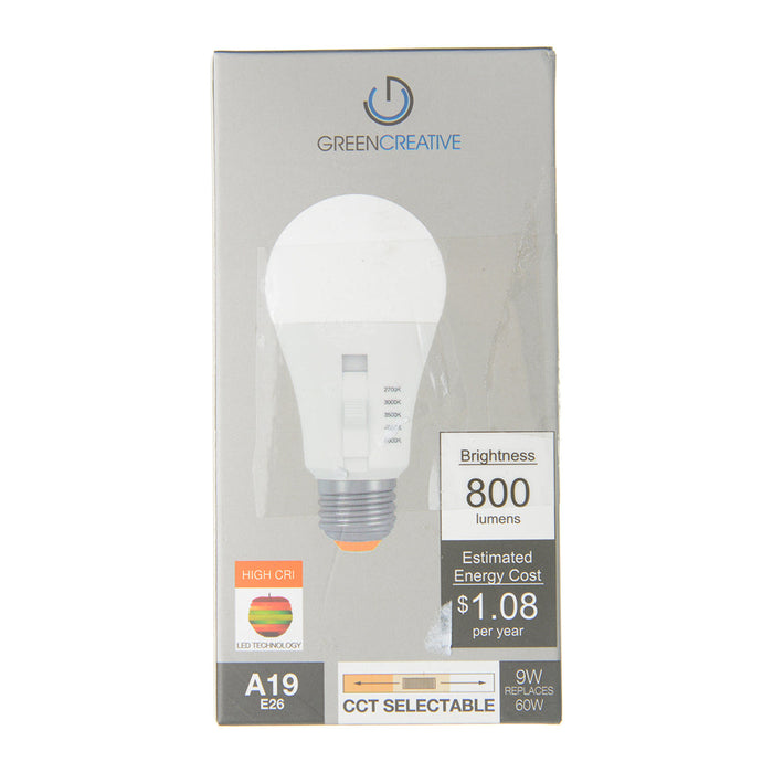 Green Creative 9A19DIM/9CCTS LED A19 Bulb E26 Base 9W CCT Selectable 2700K/3000K/3500K/4000K/5000K Enclosed 120V 92 CRI Dimmable (38344)