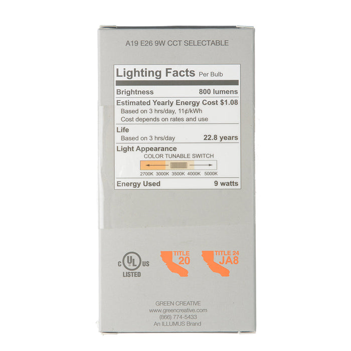 Green Creative 9A19DIM/9CCTS LED A19 Bulb E26 Base 9W CCT Selectable 2700K/3000K/3500K/4000K/5000K Enclosed 120V 92 CRI Dimmable (38344)