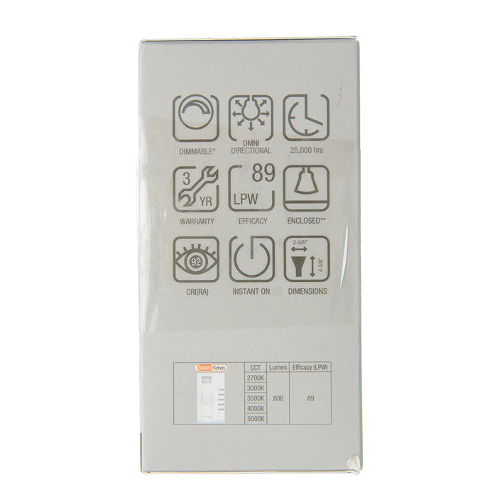 Green Creative 9A19DIM/9CCTS LED A19 Bulb E26 Base 9W CCT Selectable 2700K/3000K/3500K/4000K/5000K Enclosed 120V 92 CRI Dimmable (38344)