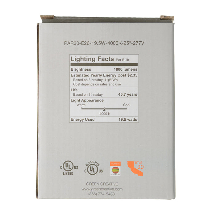 Green Creative 19.5PAR30HO/940NF25/277V PAR30 19.5W High Output High 90 CRI 120-277V Non-Dimmable 4000K (98208)