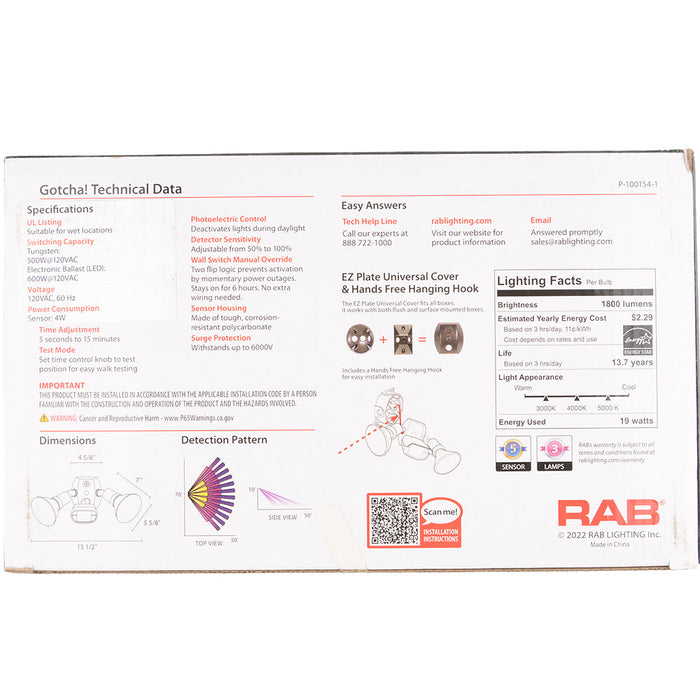 RAB LED Outdoor Sensor Lights With GT500RW Sensor And 2 CCT Selectable PAR38 Lamps 38W 3000K/4000K/5000K E26 Base 90 CRI 3600Lm Kit (GT500RW/L)