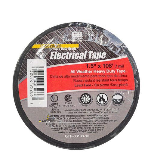 Gardner Bender Extra Thick All Weather Heavy-Duty Vinyl Electrical Tape Black 1.5 X 108 X 7 Mil (GTP-33108-15)
