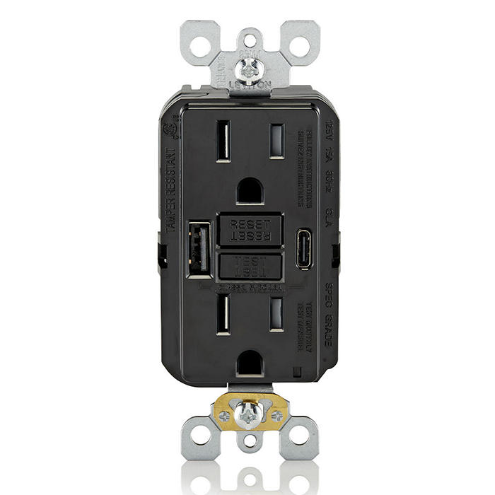 Leviton 15 Amp SmartlockPro Self-Test GFCI Combination 24W Type A/C USB In-Wall Charger Outlet Black (GUAC1-E)