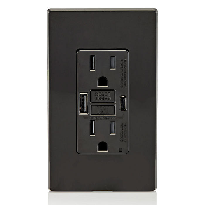 Leviton 15 Amp SmartlockPro Self-Test GFCI Combination 24W Type A/C USB In-Wall Charger Outlet Black (GUAC1-E)