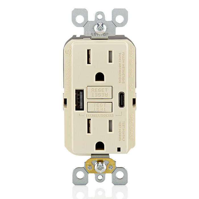 Leviton 15 Amp SmartlockPro Self-Test GFCI Combination 24W Type A/C USB In-Wall Charger Outlet Light Almond (GUAC1-T)