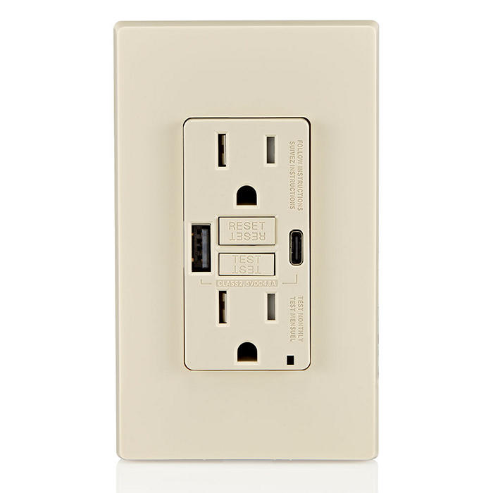 Leviton 15 Amp SmartlockPro Self-Test GFCI Combination 24W Type A/C USB In-Wall Charger Outlet Light Almond (GUAC1-T)