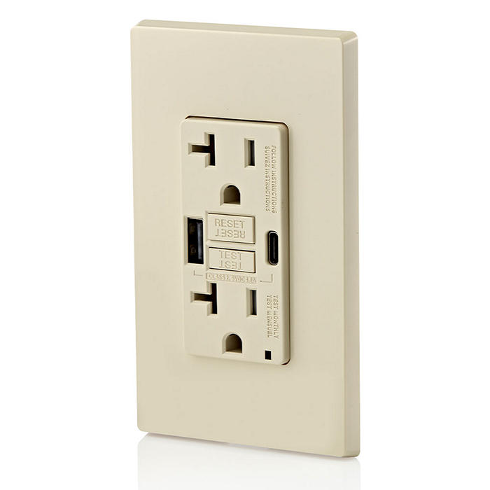 Leviton 20 Amp SmartlockPro Self-Test GFCI Combination 24W Type A/C USB In-Wall Charger Outlet Light Almond (GUAC2-T)