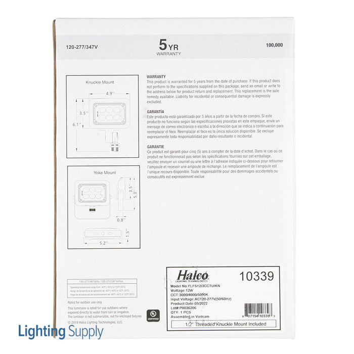 Halco FLFS12/3CCTU/KN ProLED Selectable Flood 12W Field Selectable CCT 3000K/4000K/5000K 120-277V 1/2 Inch Threaded Knuckle Mount (10339)