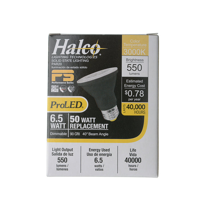 Halco 7PAR20-FL-LED-930-D-BLK-PS 6.5W LED PAR20 Flood 40 Degree Beam Dimming 90 CRI 3000K Black Housing T20/T24 JA8-2019-Performance Series (80213)