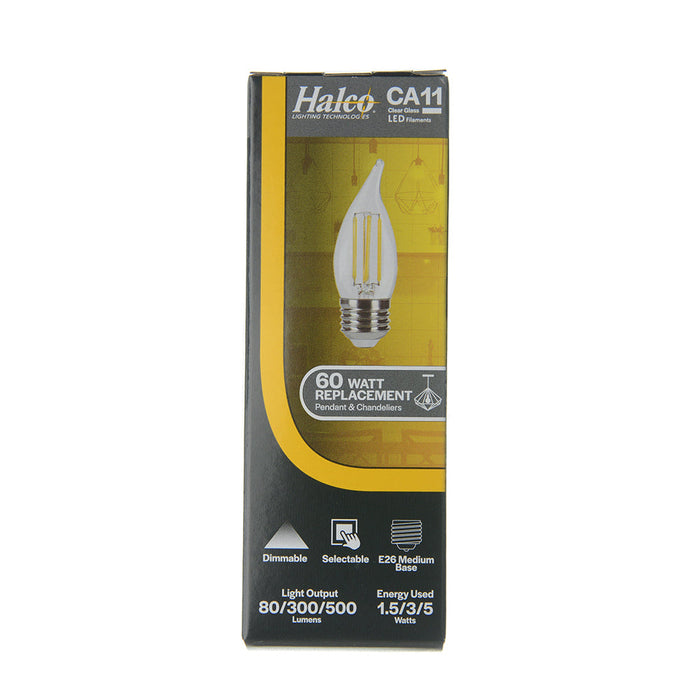 Halco LSCA11-CL-FLED4-930-E26-D LED Filament Flame Tip CA11 Bulb E26 Base 3000K 3-Step Built In Dimming Selectable 1.5W/3W/5W 80Lm/300Lm/800Lm 90 CRI 120V Clear (82637)