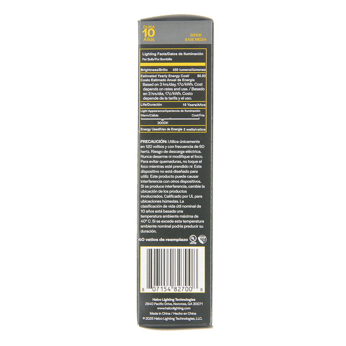 Halco 5T10-CL-FLED4-930-E26-D LED Filament T10 Lamp 5 Inch Medium E26 Base 3000K 5W 450Lm 90 CRI 120V Clear Dimmable (82700)