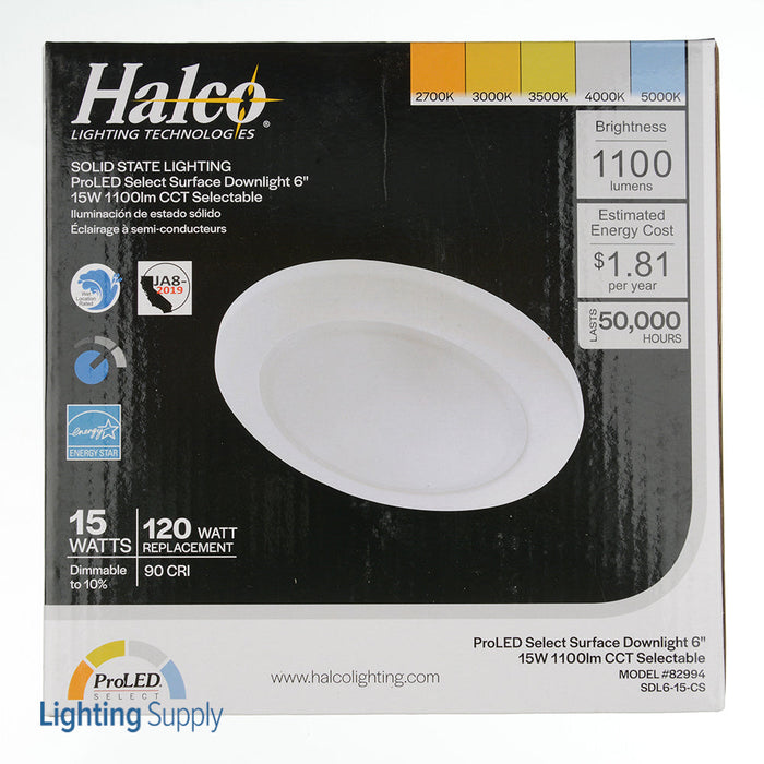 Halco SDL6-15-CS ProLED CCT Selectable Surface Downlight 6 inch 15W 2700K/3000K/3500K/4000K/5000K (82994)