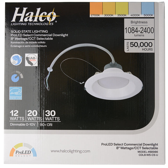 Halco CDL8-WS-CS-U 8 Inch ProLED Select Commercial Downlight Wattage/CCT Selectable 12W/20W/30W 2700K/3000K/3500K/4000K/5000K 0-10V Dimming (88986)