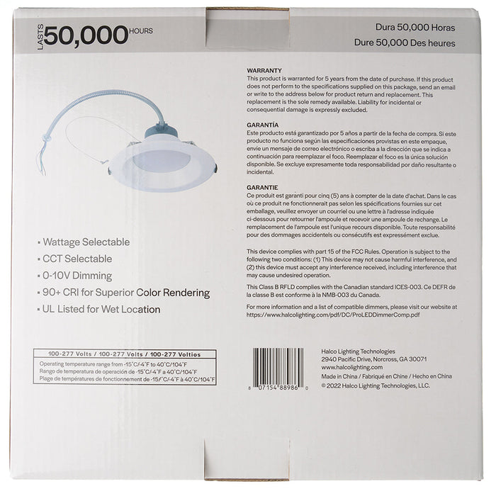 Halco CDL8-WS-CS-U 8 Inch ProLED Select Commercial Downlight Wattage/CCT Selectable 12W/20W/30W 2700K/3000K/3500K/4000K/5000K 0-10V Dimming (88986)