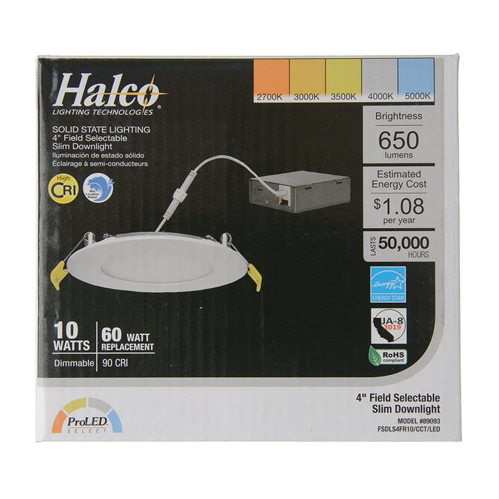 Halco FSDLS4FR10/CCT/LED Field Selectable Slim Downlight 4 Inch 10W 2700K-5000K Dimmable JA-8 ProLED Selectable (89093)