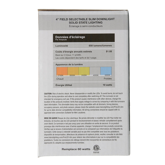 Halco FSDLS4FR10/CCT/LED Field Selectable Slim Downlight 4 Inch 10W 2700K-5000K Dimmable JA-8 ProLED Selectable (89093)