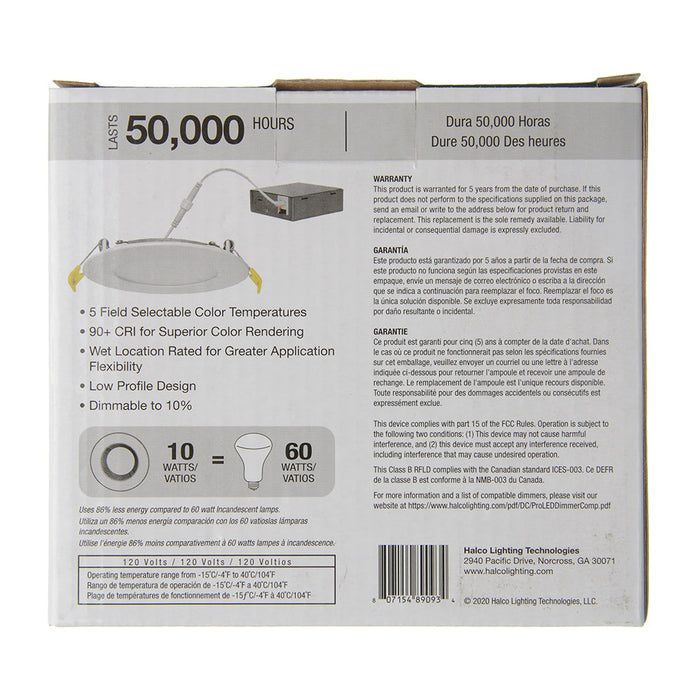 Halco FSDLS4FR10/CCT/LED Field Selectable Slim Downlight 4 Inch 10W 2700K-5000K Dimmable JA-8 ProLED Selectable (89093)