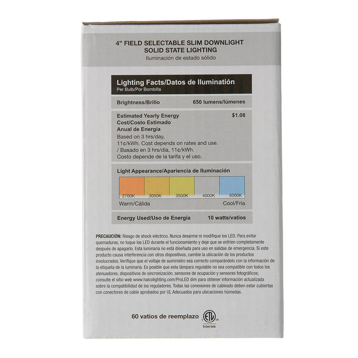 Halco FSDLS4FR10/CCT/LED Field Selectable Slim Downlight 4 Inch 10W 2700K-5000K Dimmable JA-8 ProLED Selectable (89093)