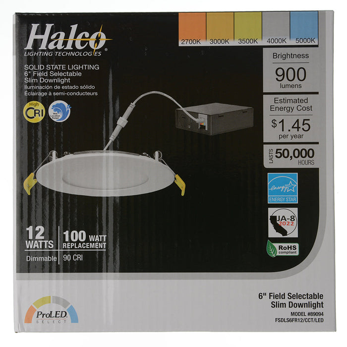 Halco FSDLS6FR12/CCT/LED Field Selectable Slim Downlight 6 Inch 12W 2700K 5000K Dimmable JA-8 ProLED Selectable (89094)