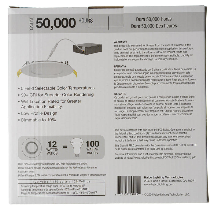 Halco FSDLS6FR12/CCT/LED Field Selectable Slim Downlight 6 Inch 12W 2700K 5000K Dimmable JA-8 ProLED Selectable (89094)